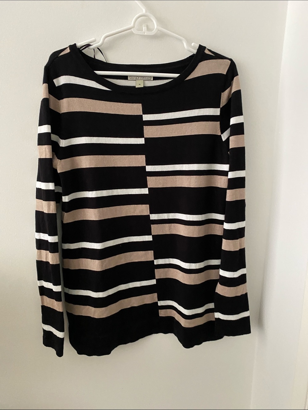 Dana Buchman Black, White & Beige Striped Crewneck Sweater